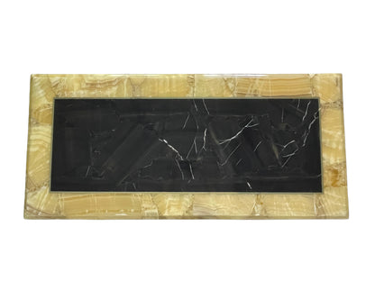 Top view of vintage Arturo Pani for Muller coffee table with black and yellow onyx surface