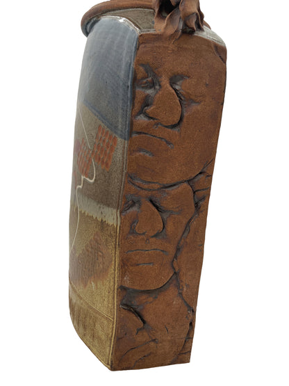Late 20th Century Brutalist Terracotta Sculptural Vase With Relief Faces