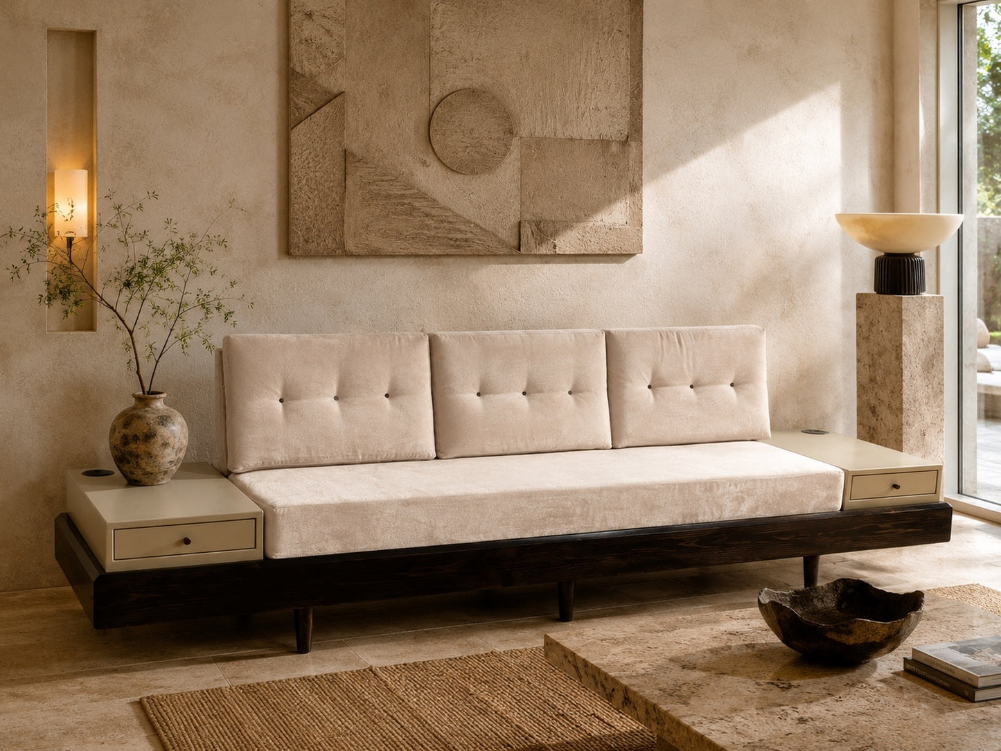 Custom Convertible Blush Velvet Daybed Sofa With Integrated Side Tables, Drawers & Built-In USB Power Stations, 1990s