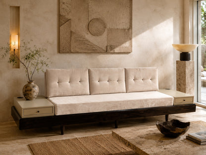 Custom Convertible Blush Velvet Daybed Sofa With Integrated Side Tables, Drawers & Built-In USB Power Stations, 1990s