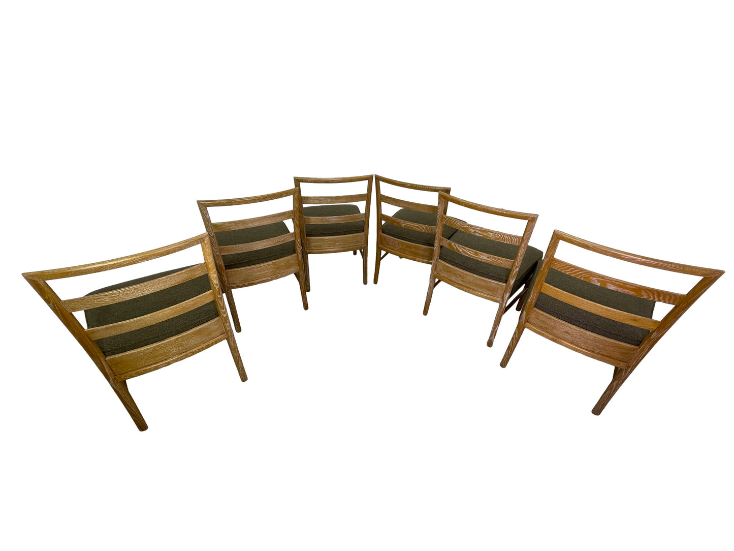 Danish Modern oak dining chairs set of 6 with cerused wood finish top back view
