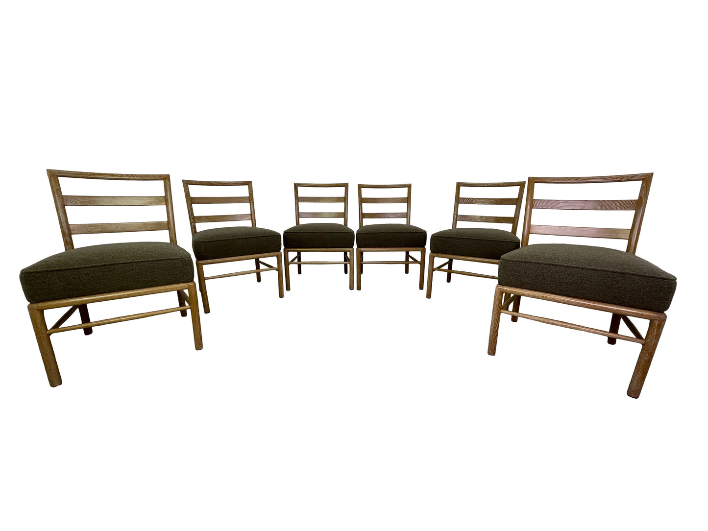 Set of 6 Scandinavian style oak dining chairs with cerused finish and brown seats

