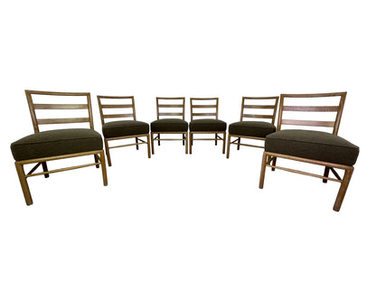 Set of 6 Scandinavian style oak dining chairs with cerused finish and brown seats

