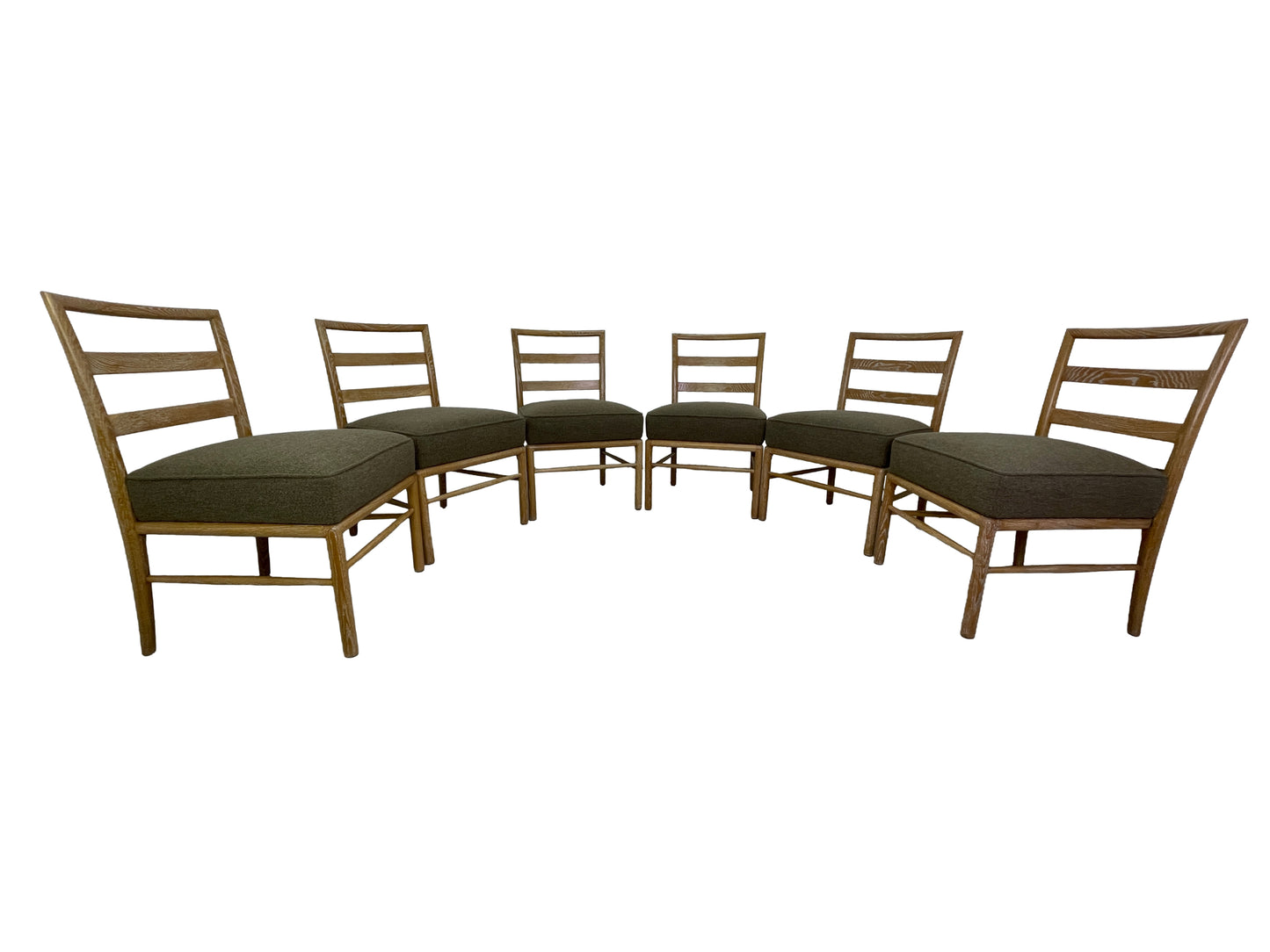 Set of 6 Danish Modern oak dining chairs with cerused finish and brown upholstered seats front view
