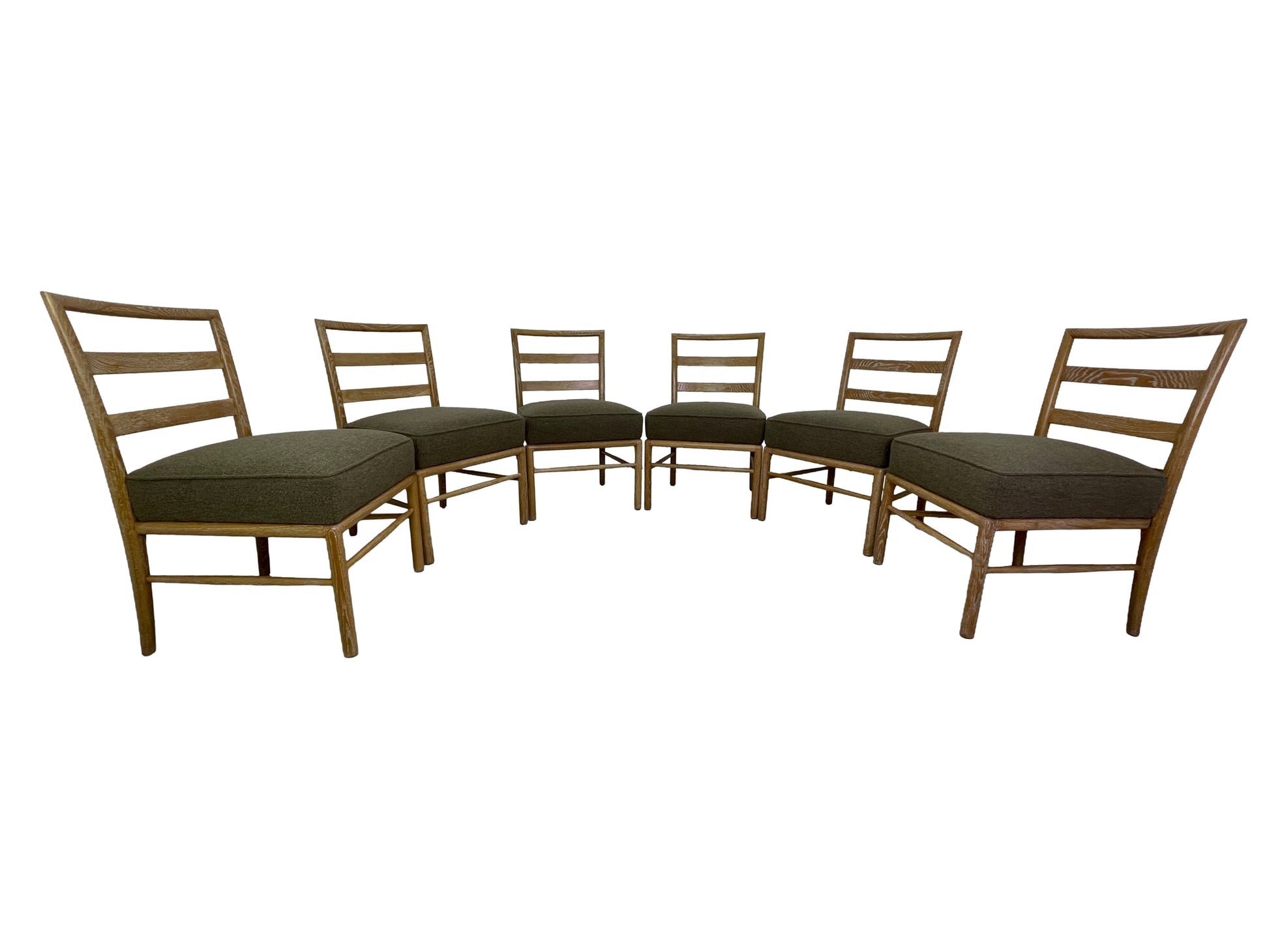 Set of 6 Danish Modern oak dining chairs with cerused finish and brown upholstered seats front view
