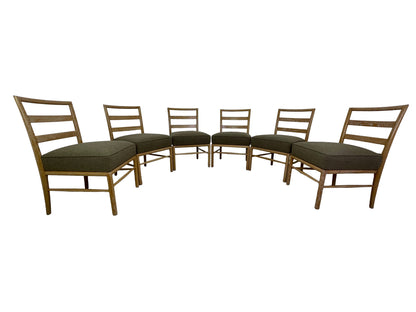 Set of 6 Danish Modern oak dining chairs with cerused finish and brown upholstered seats front view
