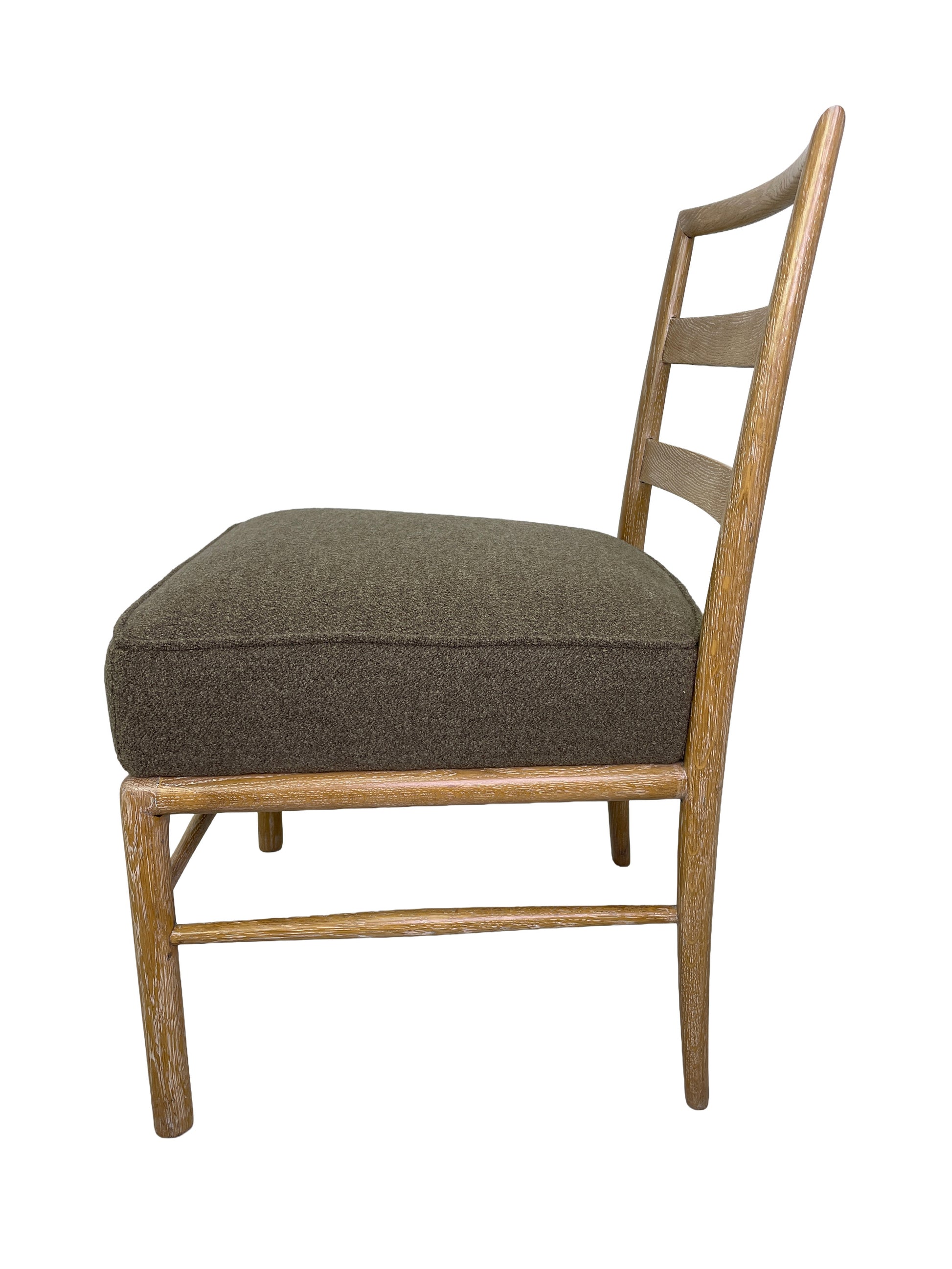 Right side view of Danish Modern oak dining chairs with ladder-back design and upholstered seats
