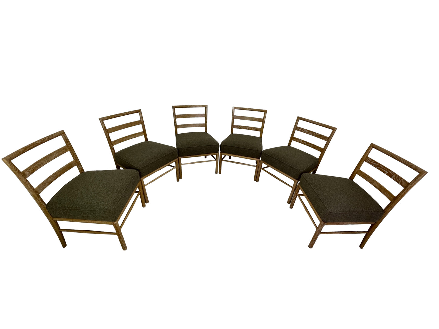 Set of 6 Danish Modern oak dining chairs with cerused finish and brown upholstered seats top view
