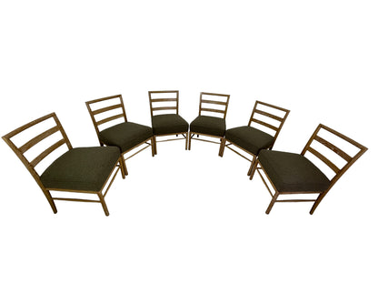 Set of 6 Danish Modern oak dining chairs with cerused finish and brown upholstered seats top view
