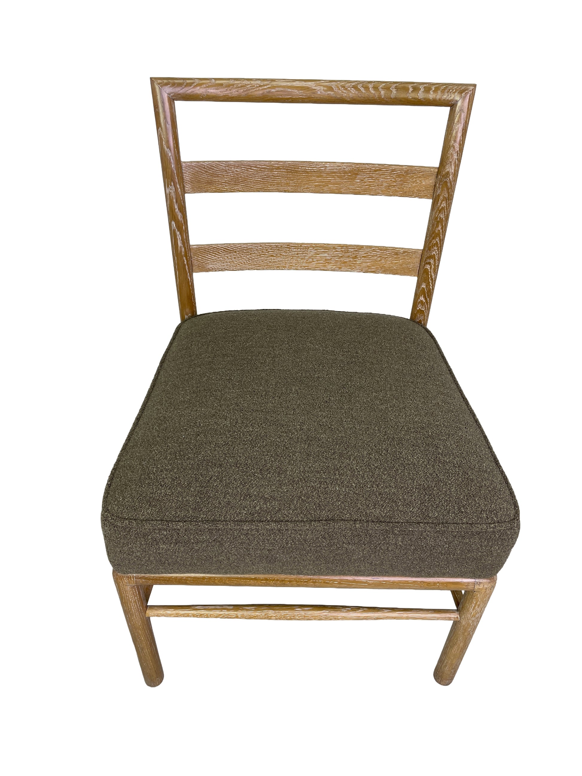 Top view of Danish Modern oak dining chairs with ladder-back design and upholstered seats
