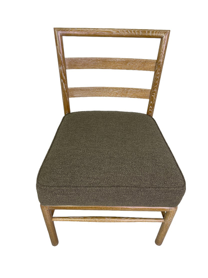 Top view of Danish Modern oak dining chairs with ladder-back design and upholstered seats
