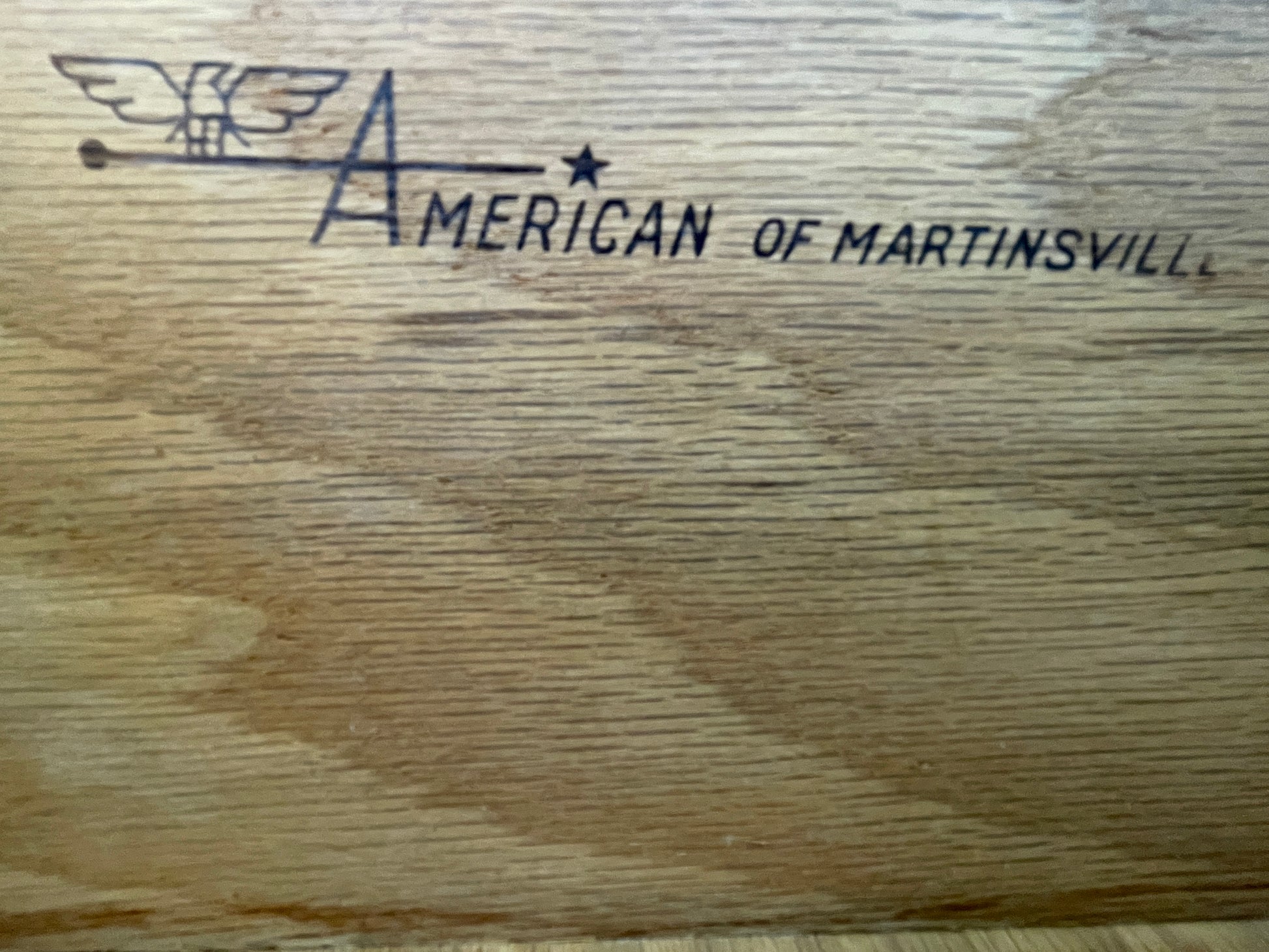 American of Martinsville maker’s mark inside drawer, vintage furniture label dresser off-white
