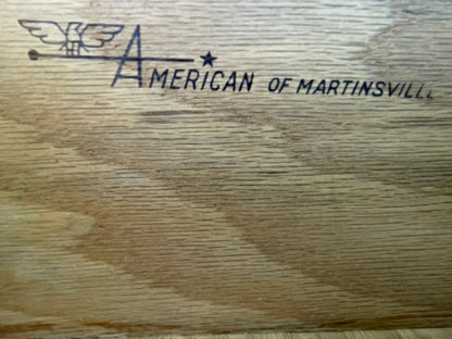 American of Martinsville maker’s mark inside drawer, vintage furniture label dresser off-white
