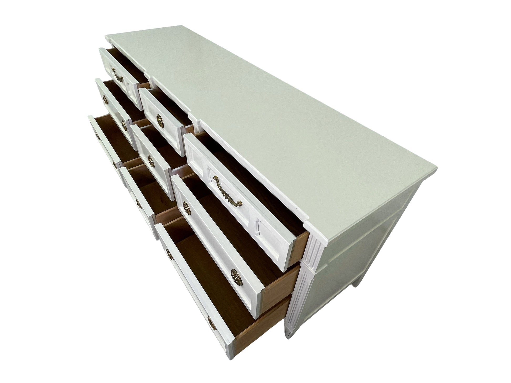 Vintage American of Martinsville dresser in off-white lacquer with brass hardware, alternate view
