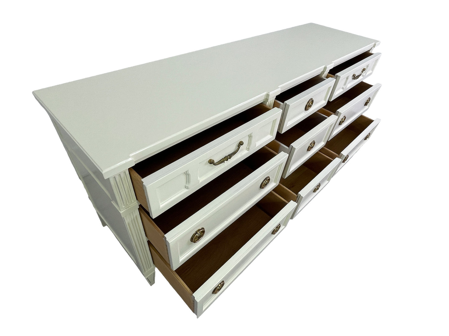 Vintage American of Martinsville dresser in off-white lacquer with brass hardware, alternate view left side

