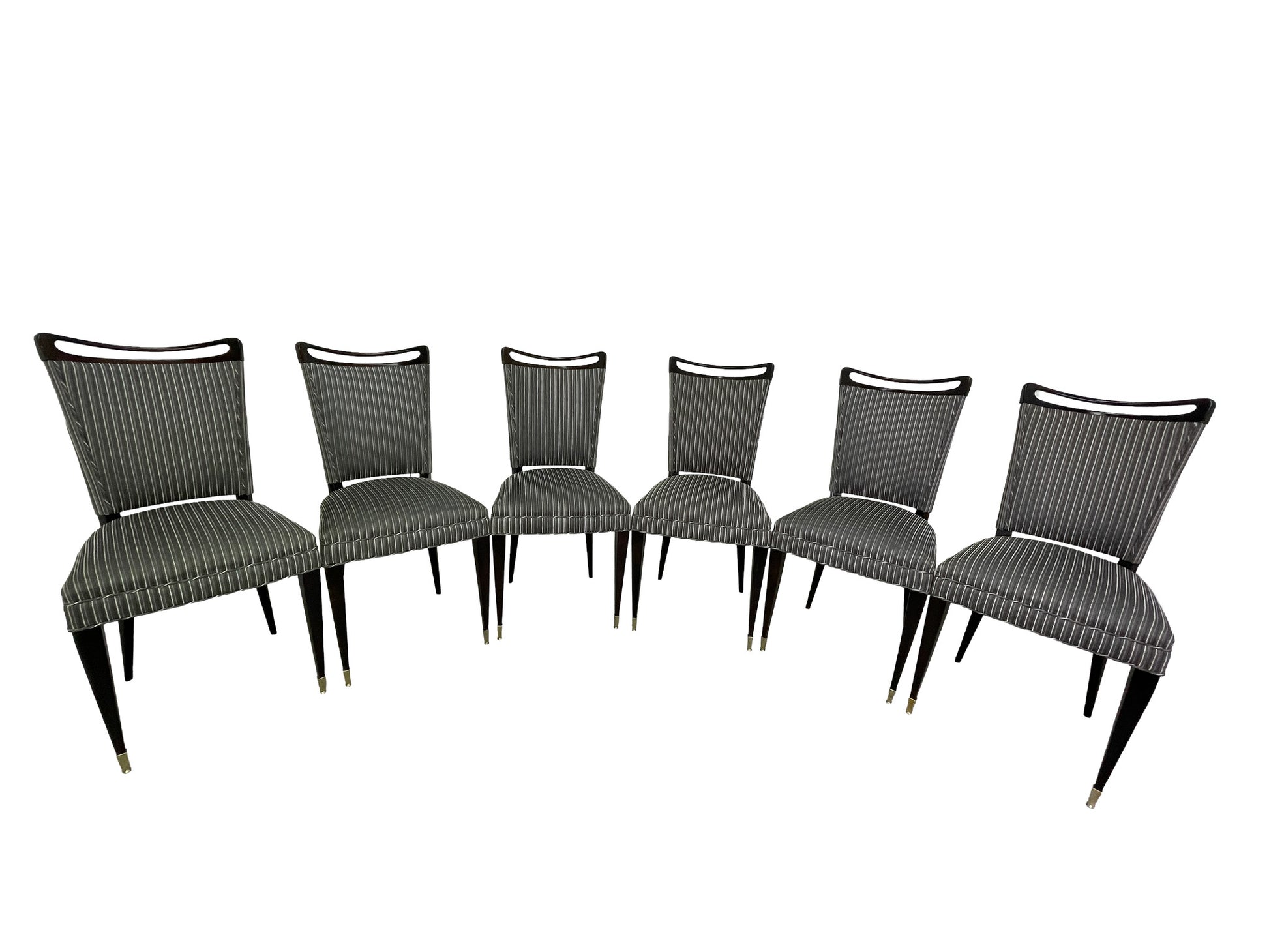 French mid-century ebonized dining chairs set of 6 group front view