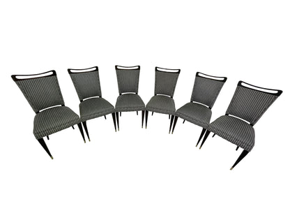 French mid-century ebonized dining chairs set of 6 group top view