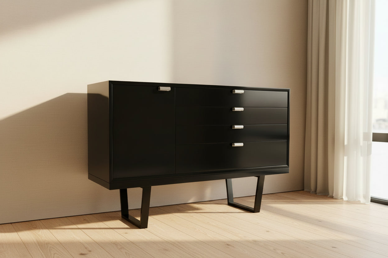 George Nelson Herman Miller black lacquer cabinet front view with original hardware and natural light