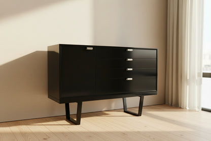 George Nelson Herman Miller black lacquer cabinet front view with original hardware and natural light