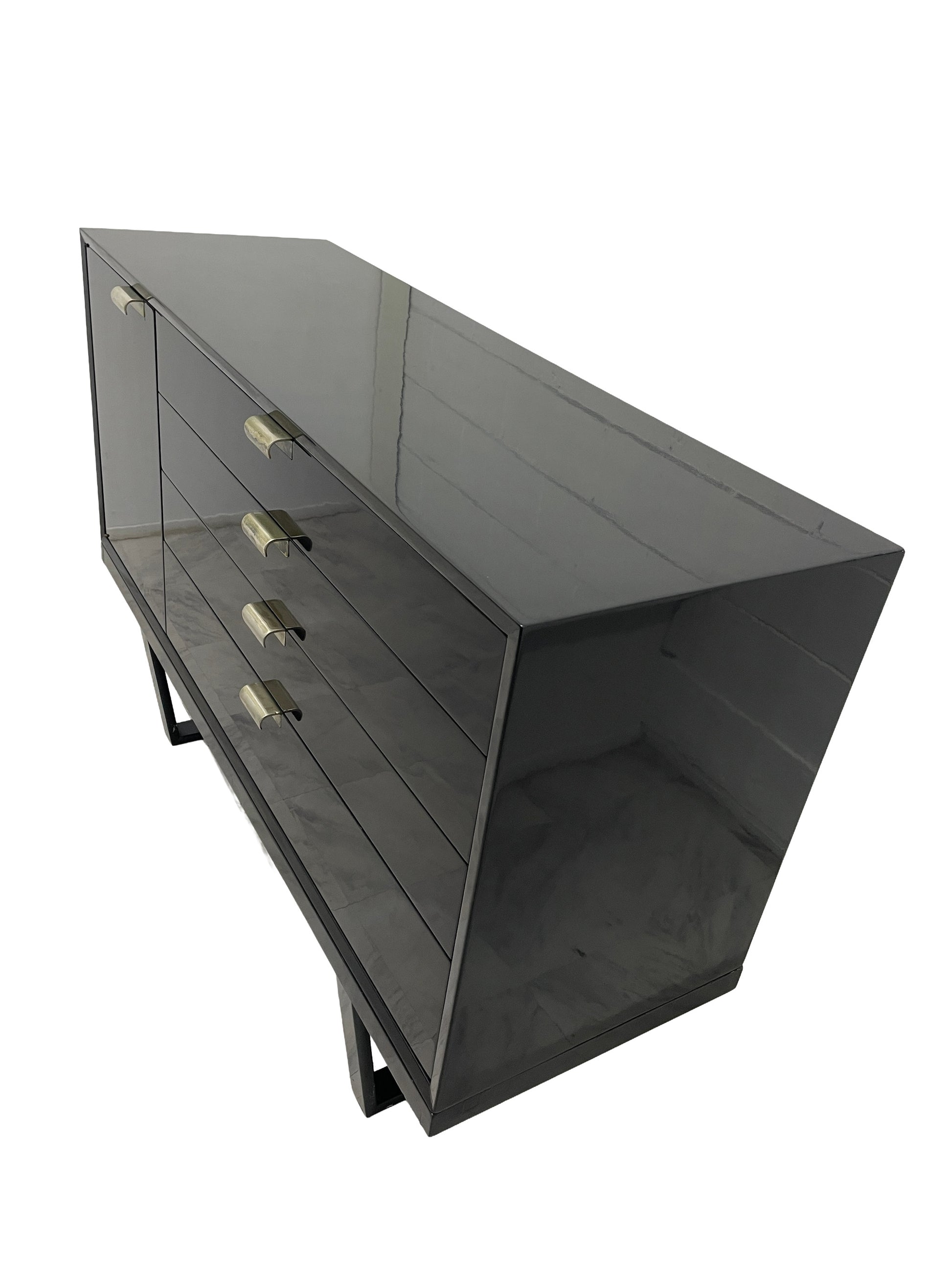 Black lacquer George Nelson cabinet top perspective showing glossy finish and form