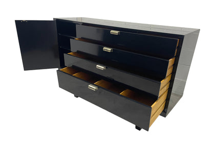 Mid century George Nelson cabinet side view with drawers extended and shelving visible
