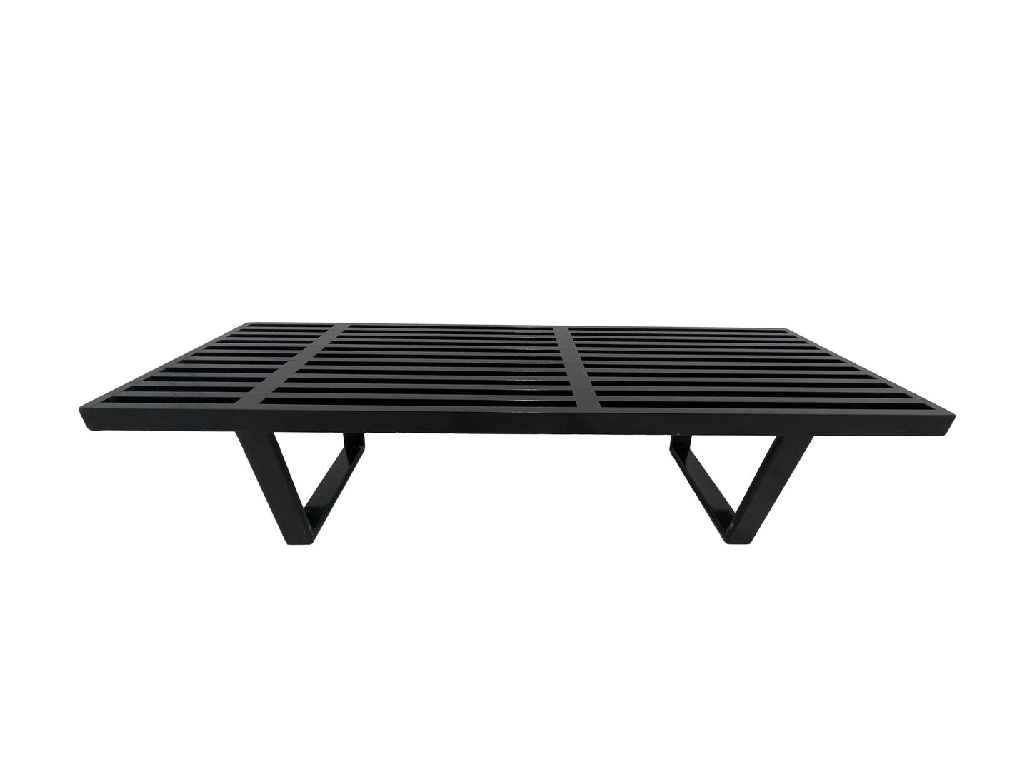 George Nelson style black slatted bench front view minimalist design
