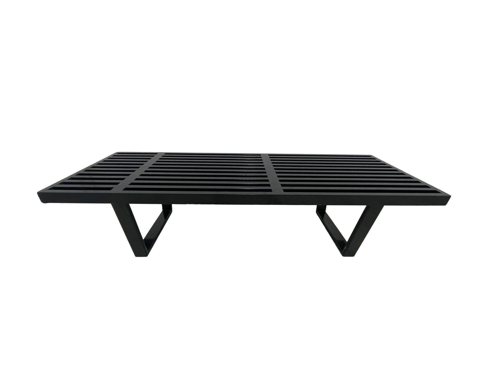 George Nelson style black slatted bench front view minimalist design