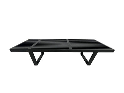 George Nelson style black slatted bench front view minimalist design