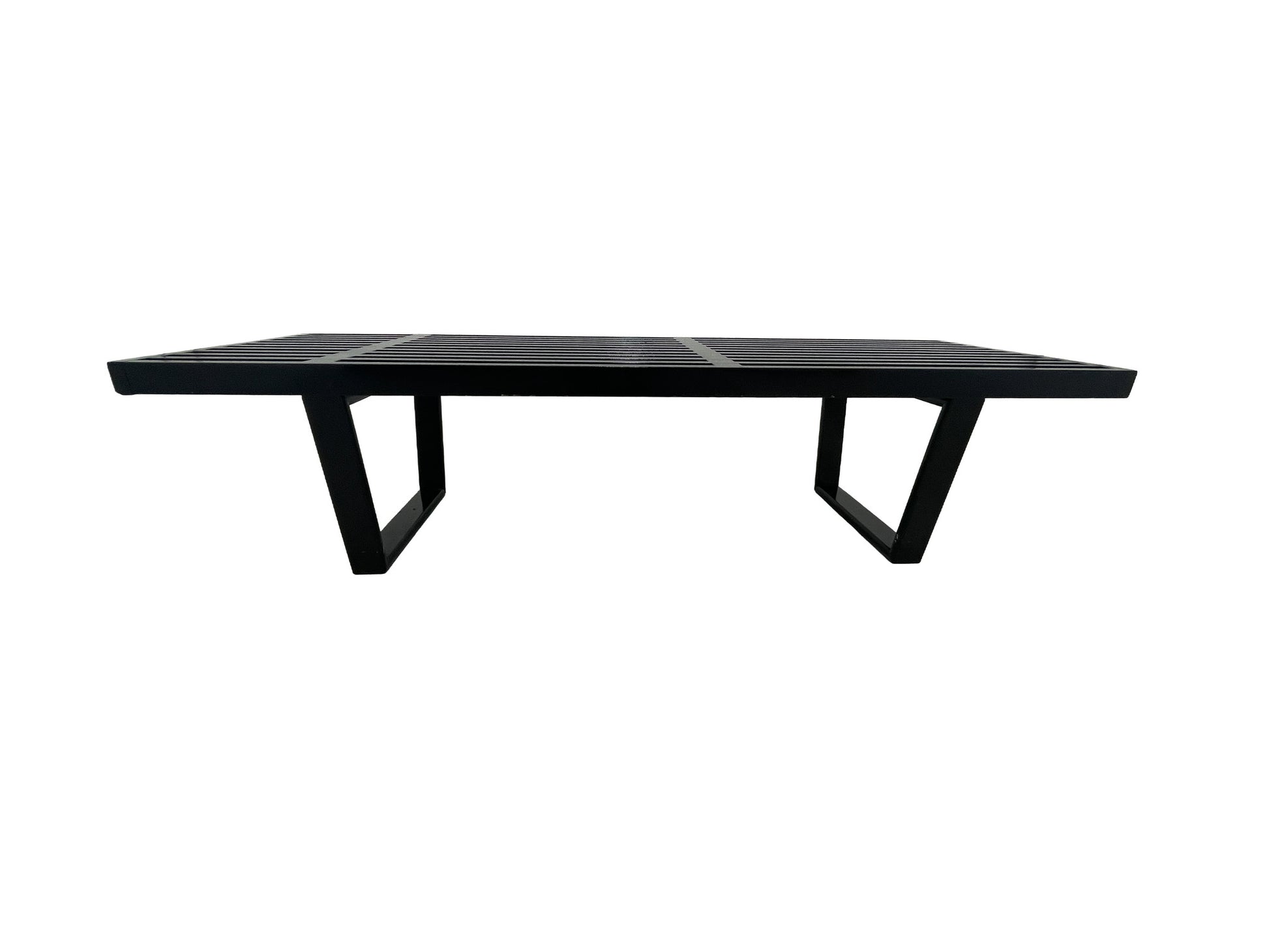 Mid century black slatted bench side profile with angular legs