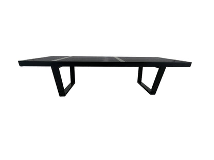 Mid century black slatted bench side profile with angular legs