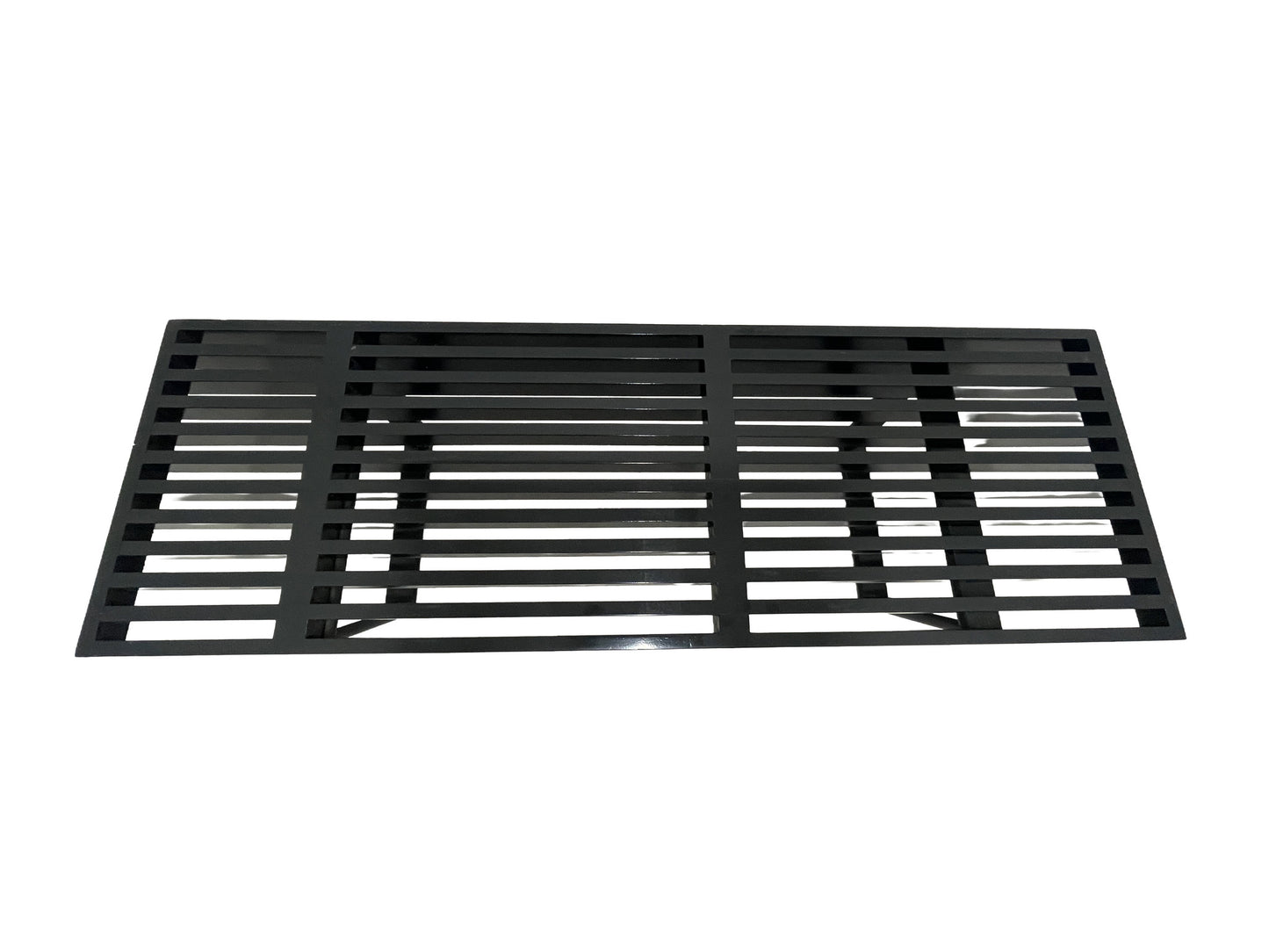 Black slatted bench top view with geometric grid design mid century modern
