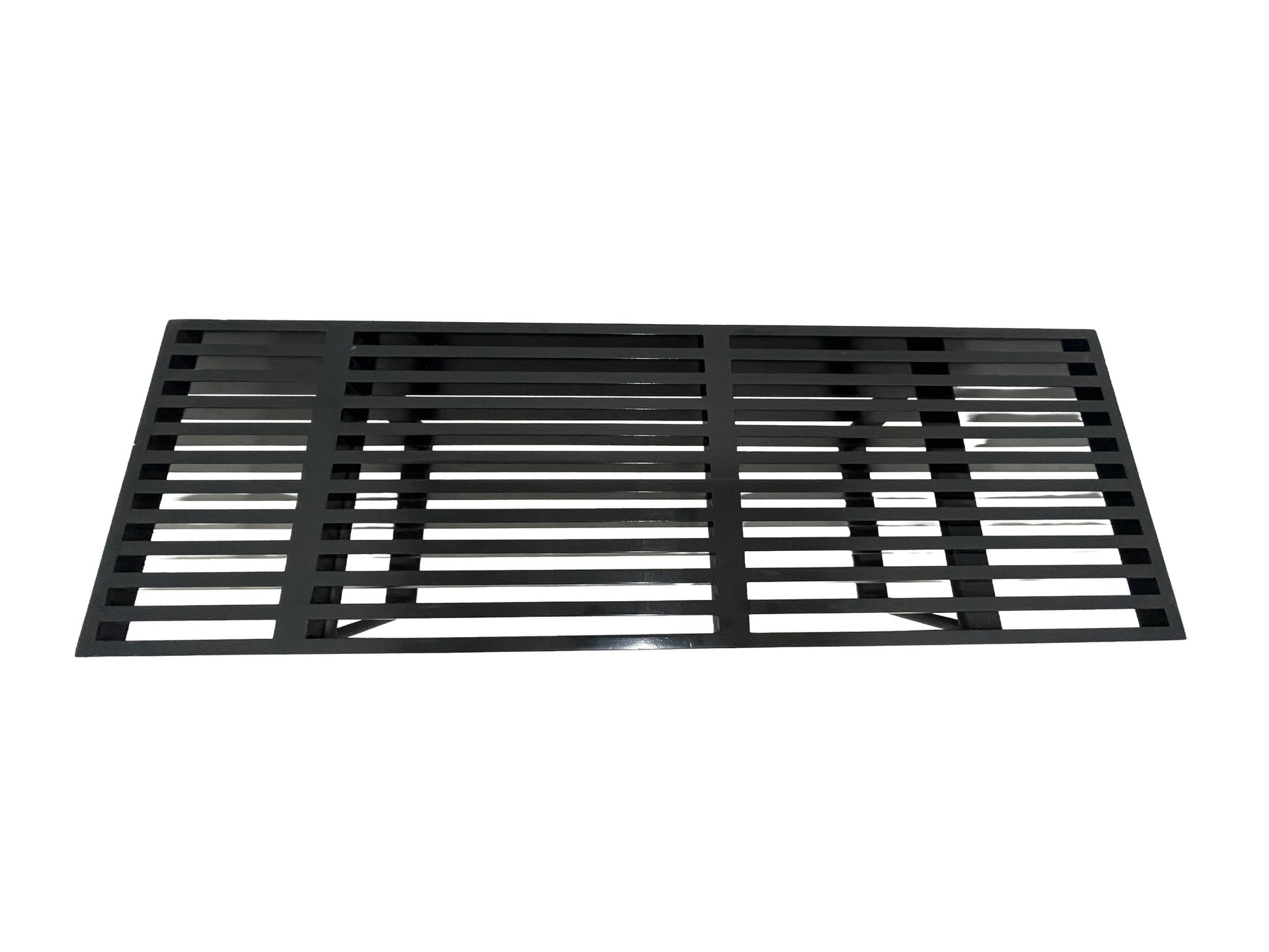 Black slatted bench top view with geometric grid design mid century modern