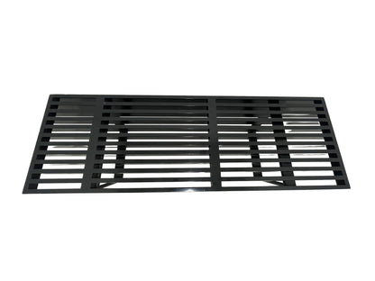 Black slatted bench top view with geometric grid design mid century modern