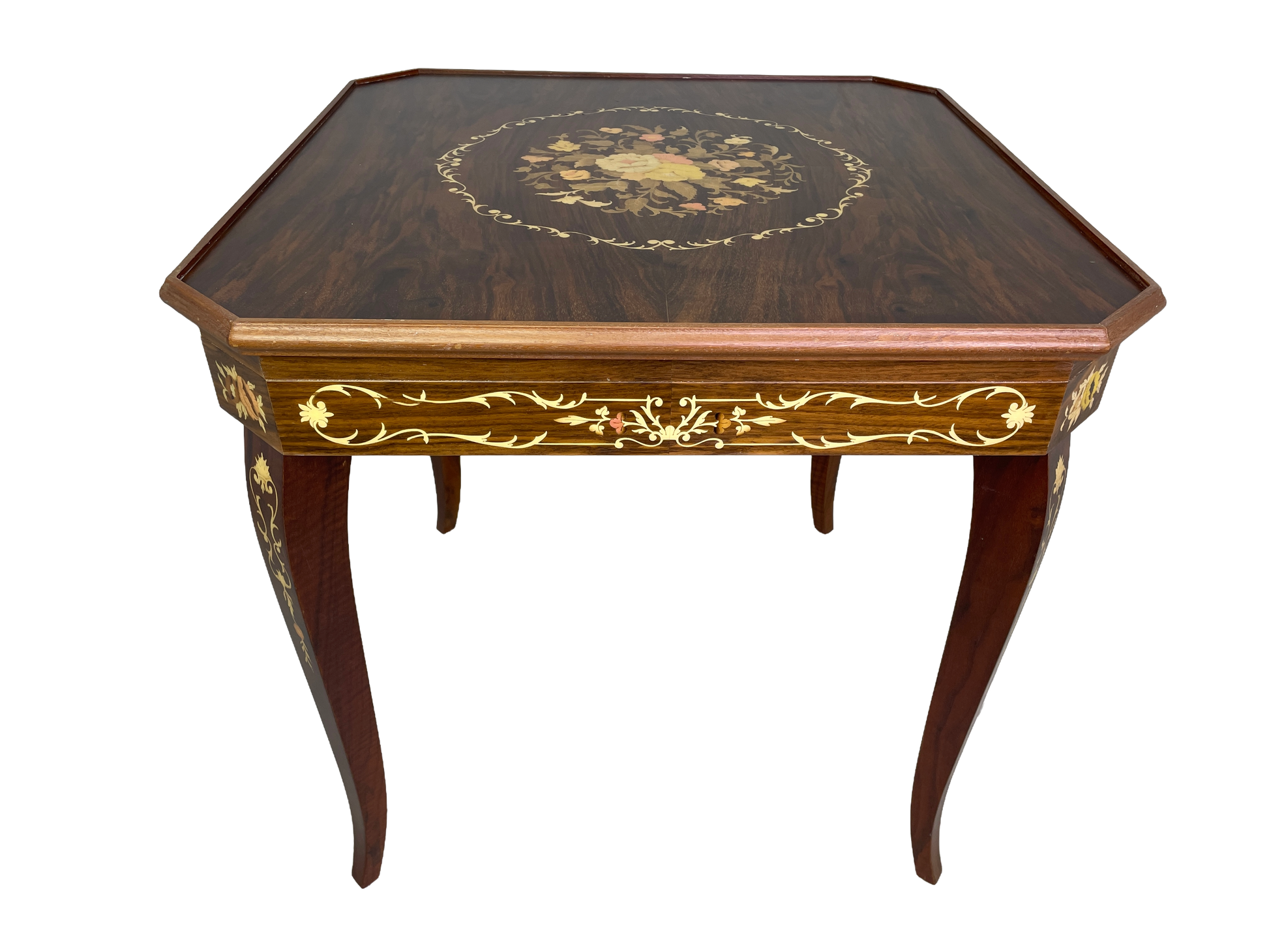 Detailed marquetry inlay wood game table Italian craftsmanship