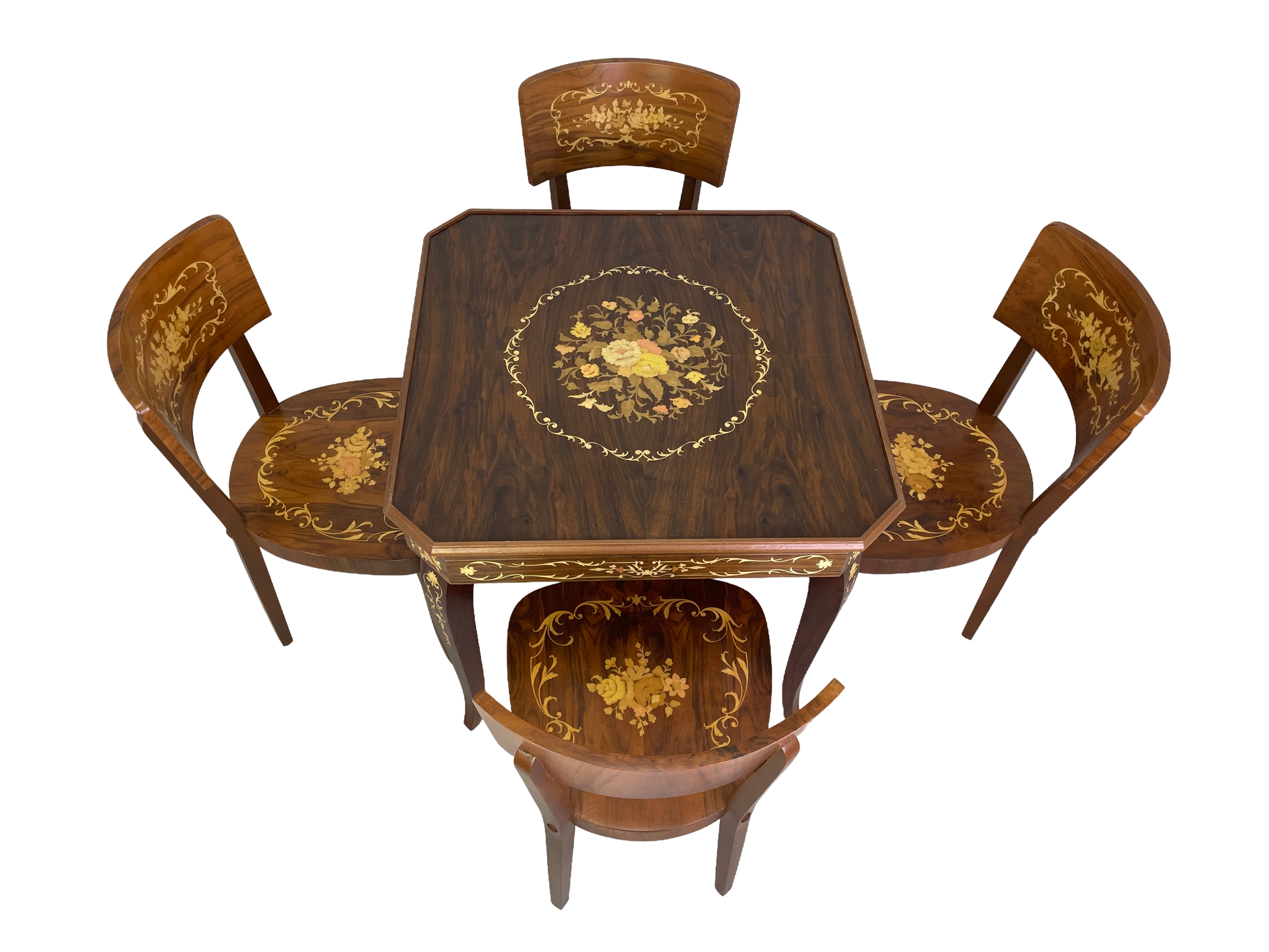 Italian 1980s multi game table with 4 chairs inlaid wood octagonal design
