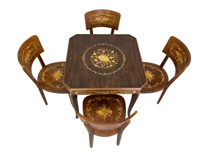 Italian 1980s multi game table with 4 chairs inlaid wood octagonal design