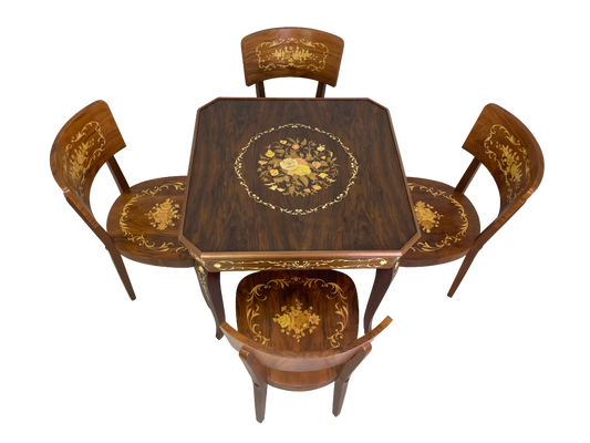 Italian 1980s multi game table with 4 chairs inlaid wood octagonal design
