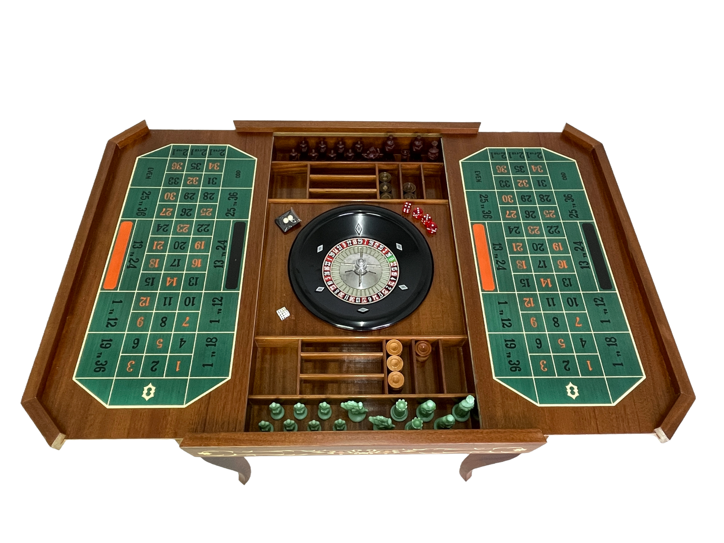 Italian game table with roulette wheel interior and storage compartments