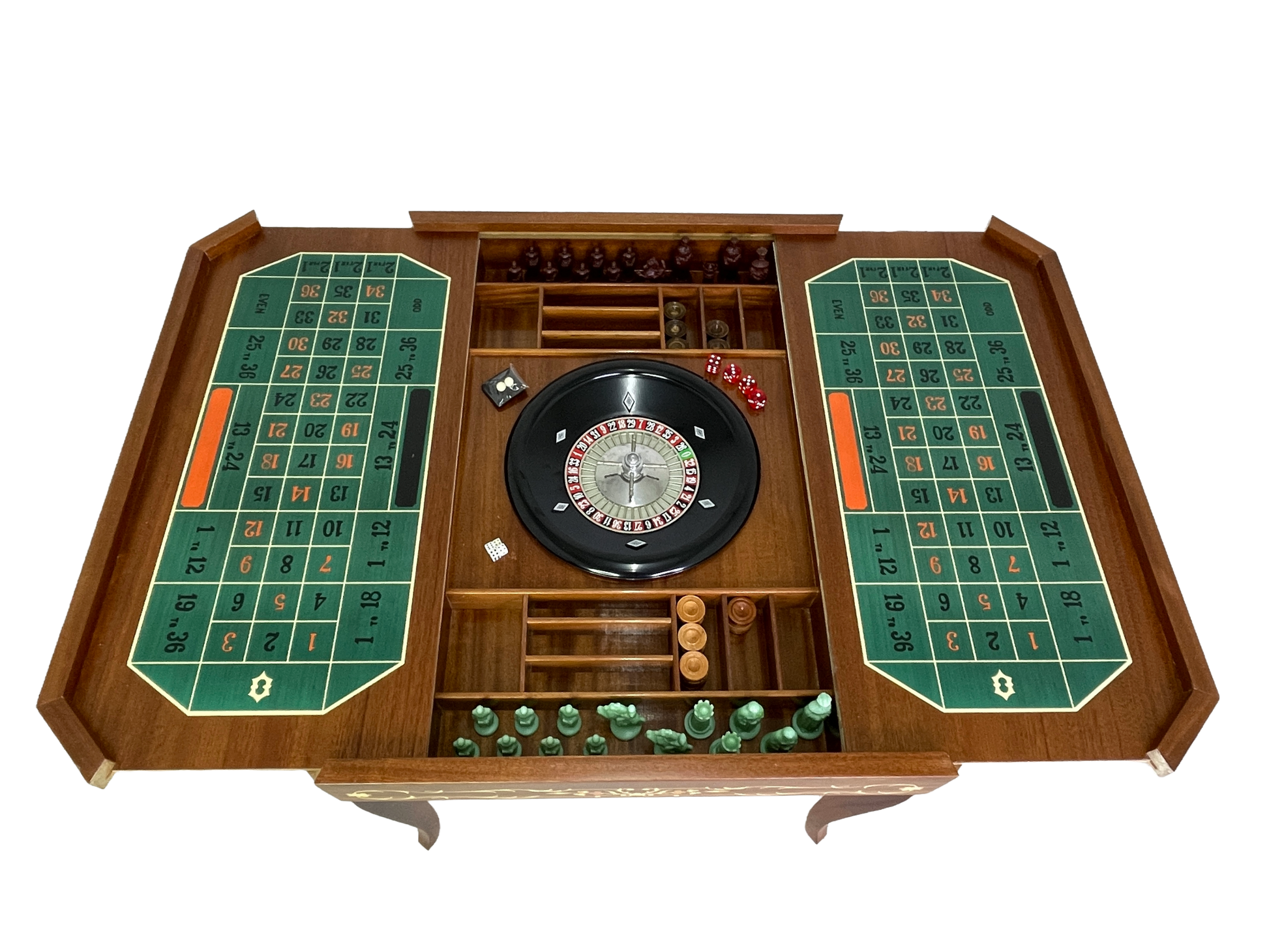 Italian game table with roulette wheel interior and storage compartments