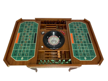 Italian game table with roulette wheel interior and storage compartments