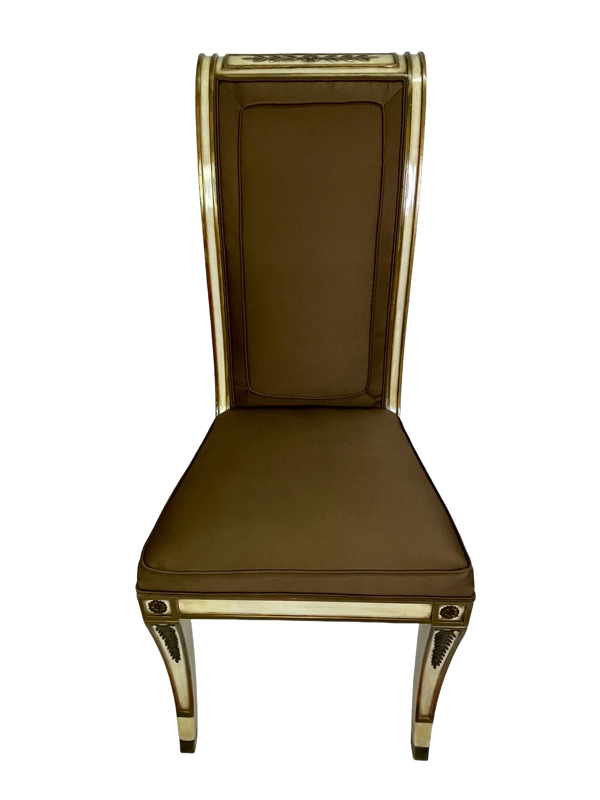 Full front view of an ivory and gold Directoire-style dining chair