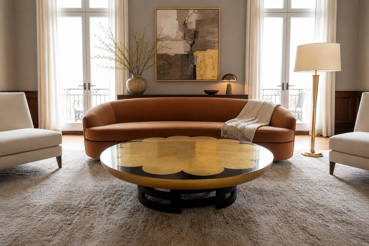 Luxury contemporary living room featuring an attributed Theodore Muller & Isabelle Barringer for Kittinger Lotus coffee table with a gold leaf top, glossy black lacquer border, and sculptural pedestal base.