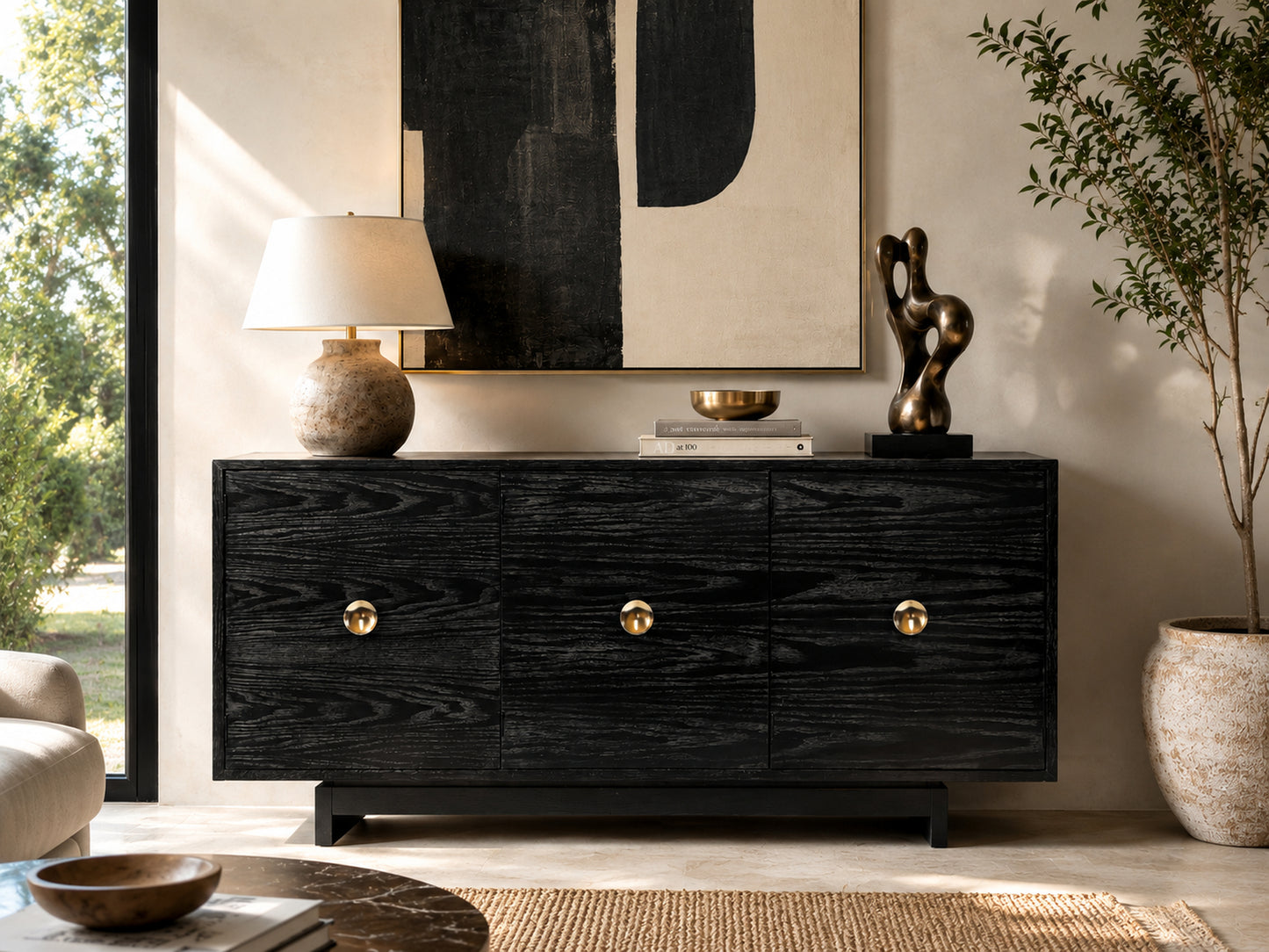 Kroehler Black Cerused Oak Credenza With Polished Brass Hardware, Circa 1960s