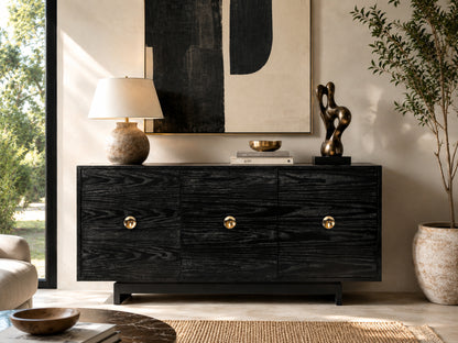 Kroehler Black Cerused Oak Credenza With Polished Brass Hardware, Circa 1960s