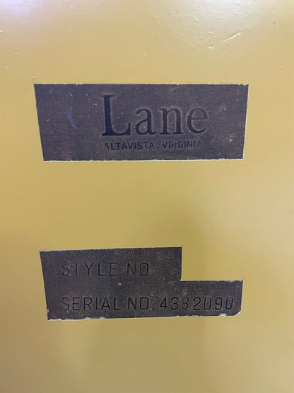 Original Lane Furniture maker’s label on vintage 1970s lemon yellow lacquer coffee table.