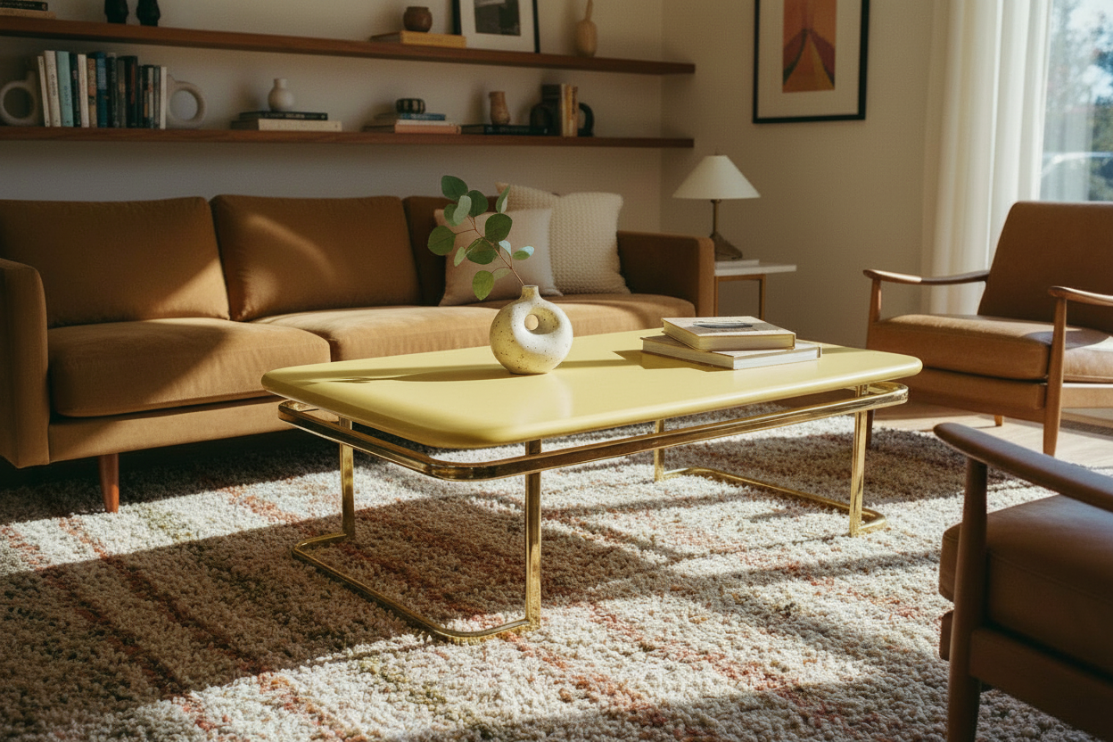 Vintage Lane coffee table with lemon yellow lacquered top and polished brass-tone frame styled in a warm 1970s-inspired living room interior.