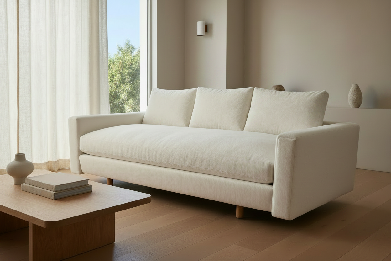 Luxury contemporary white upholstered lounge daybed with deep seating and custom sculptural silhouette lifestyle environment