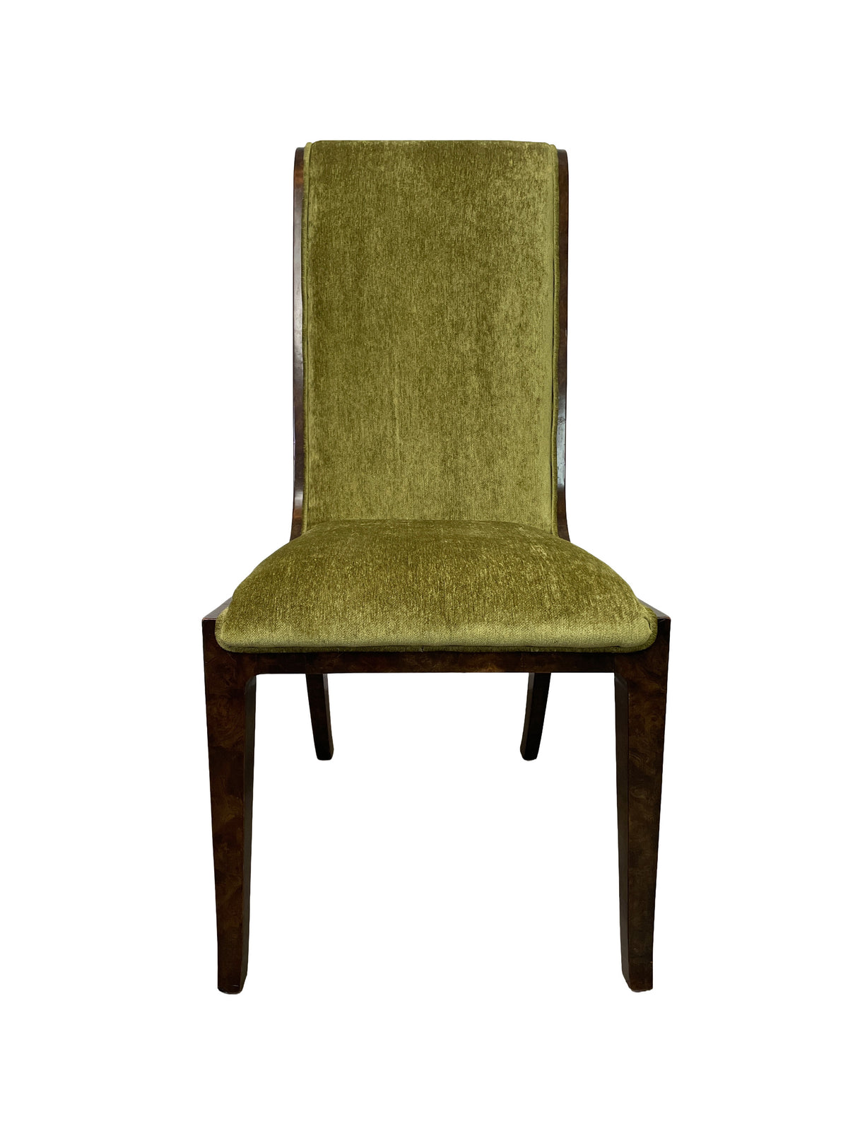 Front view of an olive-green upholstered high-back side chair