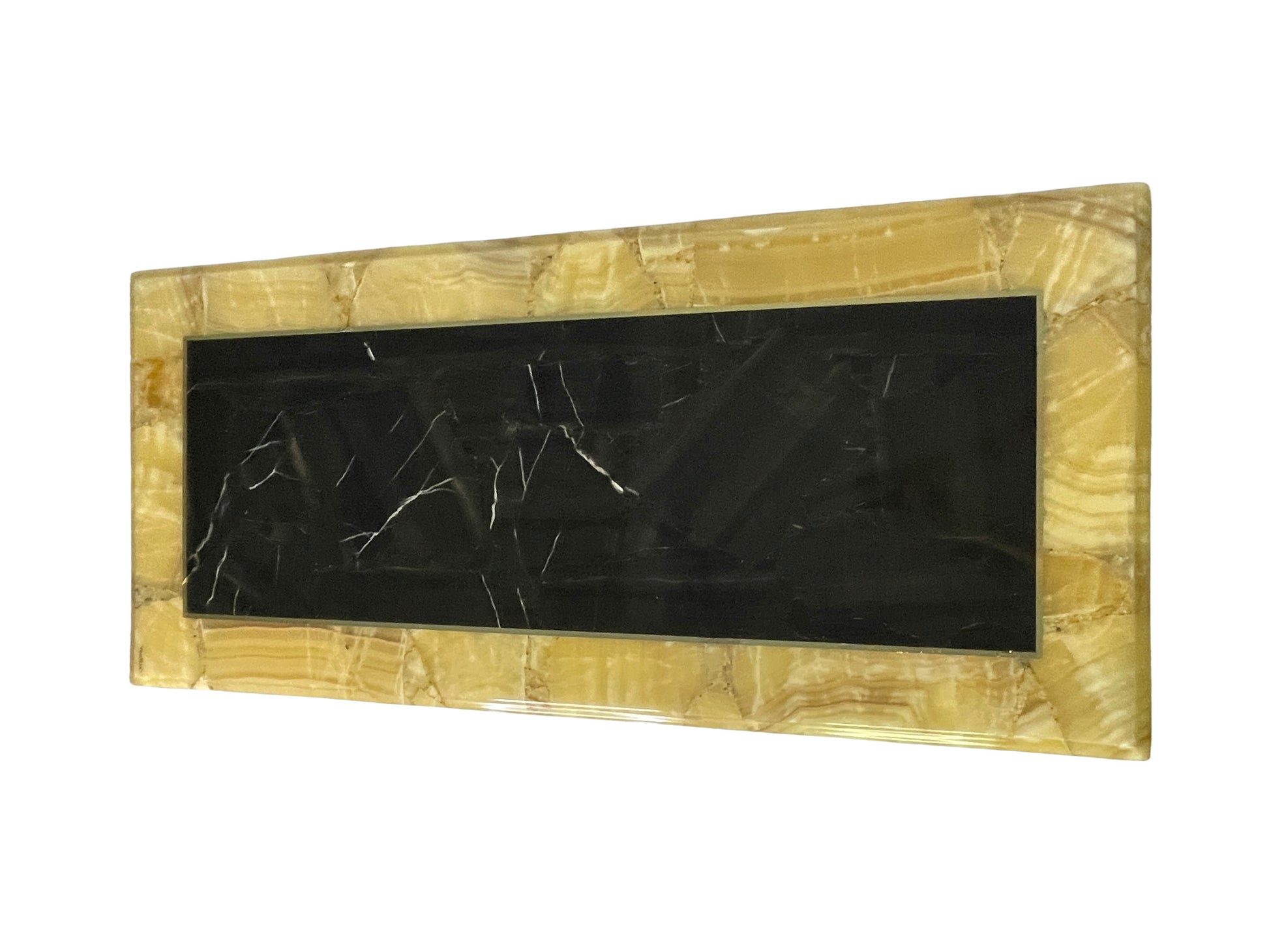 Angled view of Mexican modern Arturo Pani for Muller coffee table with black and yellow onyx top
