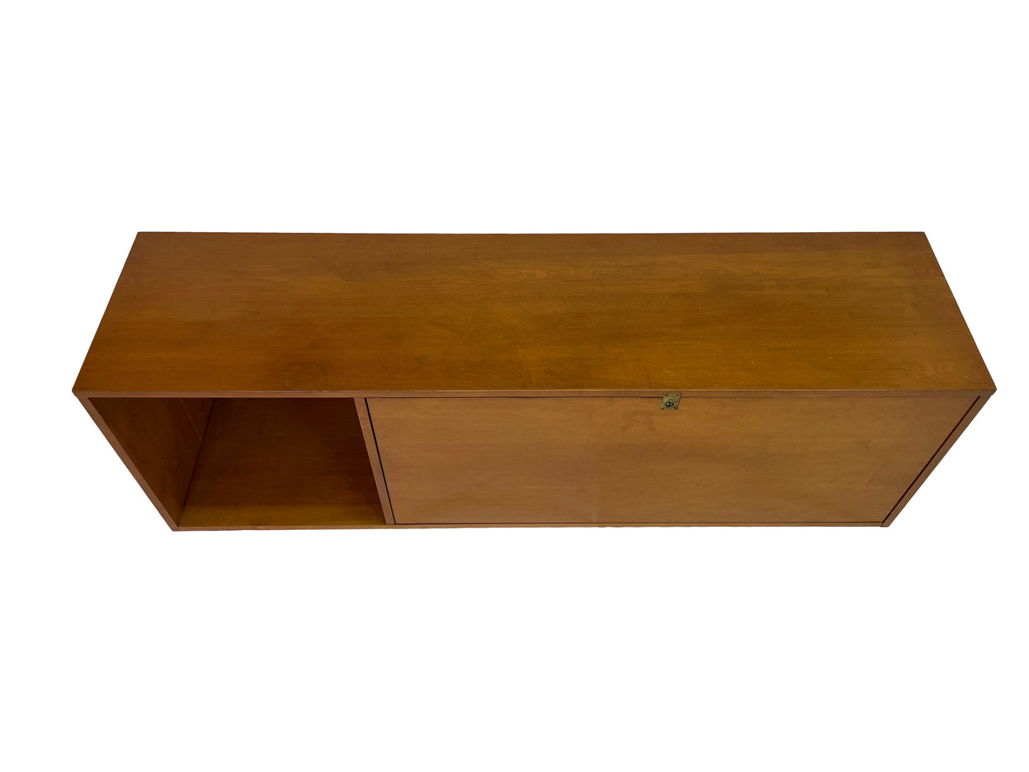 Angled top view of Paul McCobb Planner Group maple secretary cabinet with clean architectural lines and minimalist mid-century modern styling.